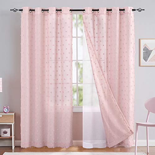 jinchan Pink Sheer Curtains for Living Room Grommet Embroidered with Pom Pom Design