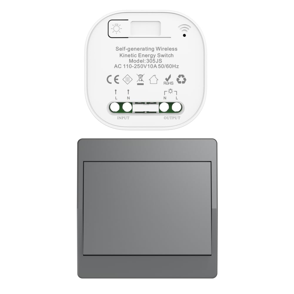gris Kit de interruptor cinético inalámbrico autoalimentado interruptores de luz teledirigidos RF interruptor cinético inalámbrico sin pila interruptores de radio inalámbricos (Gris 1Gang 1V1