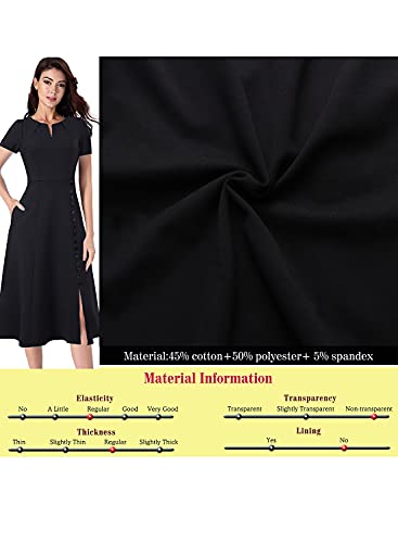 Vfshow Womens Black Pleated Notch V Neck Pockets Buttons Split Work Office Business Party A-Line Midi Dress 6012 Blk S #TOP6