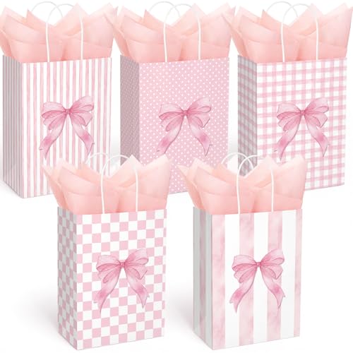 Engrowtic 25 Pcs Pink Bow Gift Bags with Handles