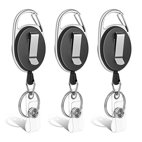 Molain 3 Pcs Badge Holders Heavy Duty, Retractable Keychain, Badge Reels with 60cm Nylon Rope, ID Card Holders, Key Ring Clips with ID Strap, Key Belt Clip,Badge Clip for Nurses, Work, Office (Black)
