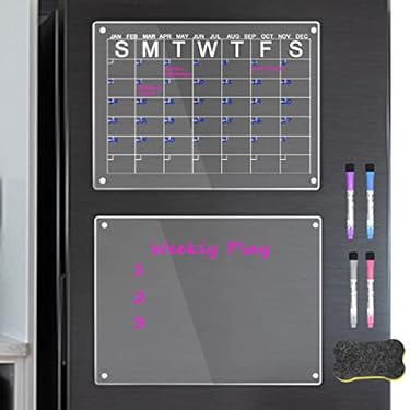 AMAZON - Magnetic Whiteboard for Fridge,2 PCS Clear Acrylic Magnetic Dry Erase Board Calendar,Dry Erase Board for Refrigerator Reusable Planner,Includes 4 Dry Erase Markers with 4 Colors 16×12 Inches