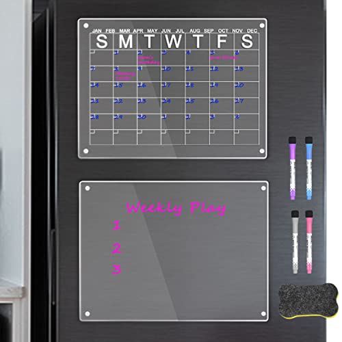 Magnetic Whiteboard for Fridge,2 PCS Clear Acrylic Magnetic Dry Erase Board Calendar,Dry Erase Board for Refrigerator Reusable Planner,Includes 4 Dry Erase Markers with 4 Colors 16x12 Inches