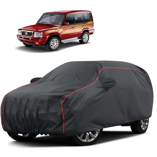 Image of Sulfar 100% Water Resistant Car Body Cover Compatible with Mirror for Tata Sumo (Triple Stitched, Full Bottom Elastic, Dark Grey Taffeta with Red Piping)