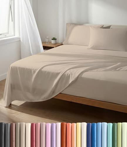 Image of Lightweight 4 Piece Bed Sheet Set King Size - Cooling Sheets for Hot Sleepers - Soft, Breathable Bedding Set w / 8-16 Inch Deep Pockets - 1 Flat & 1 Fitted & 2 Pillowcases - Wrinkle Resistant - Wheat