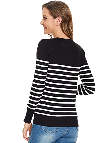 Image of Sweaters for Women Striped Crew Neck Pullover Sweater Lightweight Long Sleeve Fall Knit Tops
