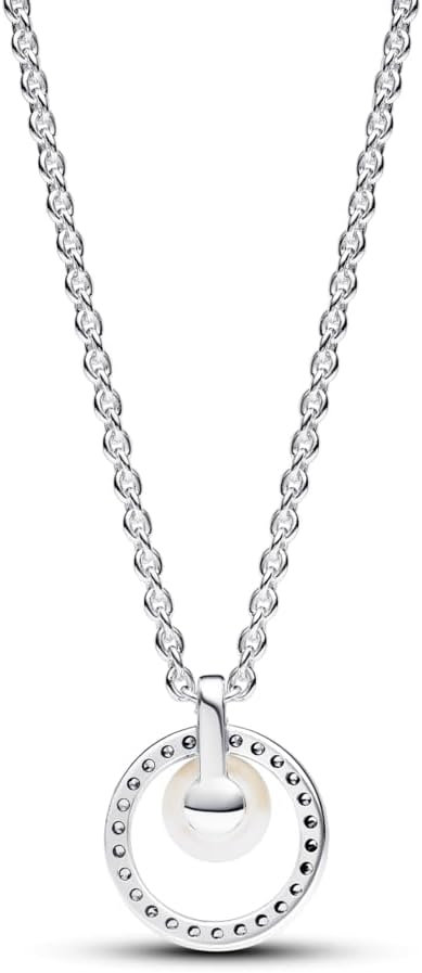 PANDORA Treated Freshwater Cultured Pearl & Pavé Collier Necklace - Sterling Silver Necklace with Treated Freshwater Cultured Pearl & Cubic Zirconia - Jewelry for Women - Includes Gift Box - 17.7"