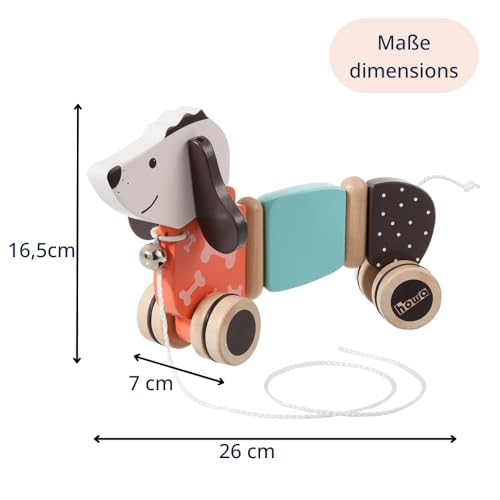 howa Nachziehtier ab 1 Jahr - Nachziehspielzeug Hund Fidi aus Holz, Nachziehhund mit Glocke, bodenschonende Gummibereifung, Holzspielzeug Nachziehtier Hund , Baby Spielzeug 6015