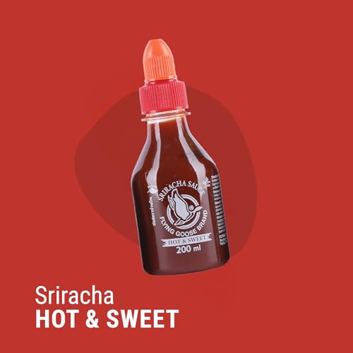 Flying Goose Sriracha Sauce Bundle 5er Set (5×200ml) – Original, Super Hot, Blackout (Vegan), Hot & Sweet und Extra Garlic – Authentische Thai Chili-Saucen, feurig scharf – Ideal als Dip und Würze