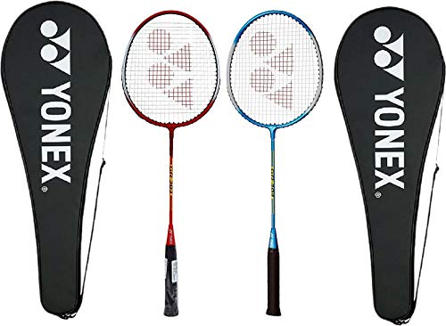 YONEX GR 303 - Juego de 2 raquetas de bádminton con cubierta completa (rojo, azul)