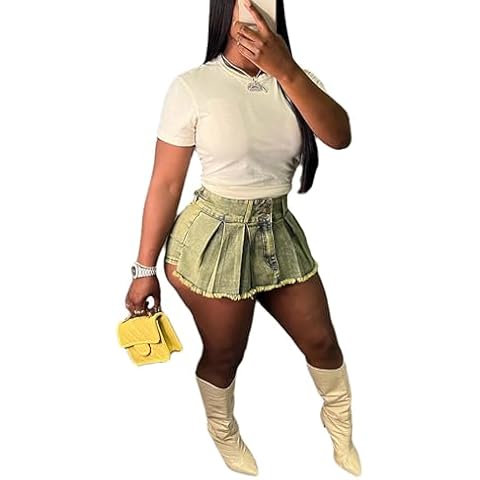 Tbahhir Women's Denim Shorts Skorts High Waist Button Down Mini Elastic Skorts Skirts Frayed Raw Ruched Wrap Skirts Shorts Cover