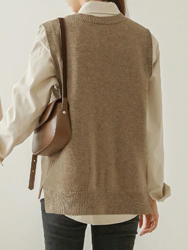 Image of Wowcarbazole Womens V Neck Sweater Vest Casual Ribbed Knitted Sleeveless Trendy Pullover Tank Tops Fall