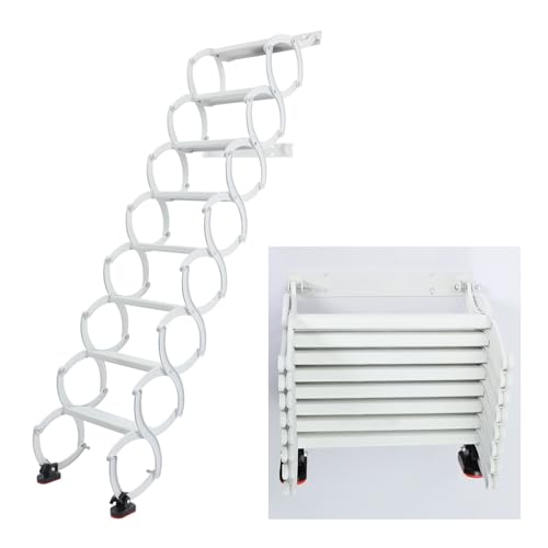 8-Step Wall-Mounted Folding Ladder, Telescoping Step Ladders, Retractable Folding Stair, for Garages, Basements, Warehouses, Each Step Supports 440 lbs with 5.11 in Width (White, 8-Step)