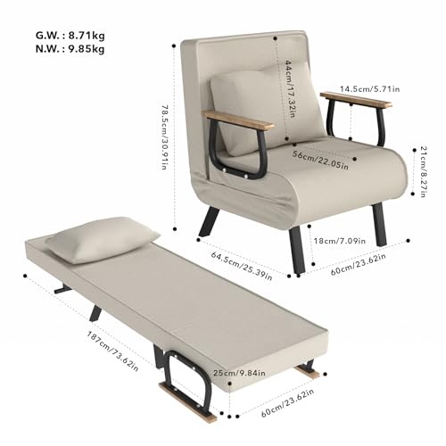 Divano Letto Convertibile 1 Posto, Poltrona Letto Regolabile, Fodera Rimovibile, Cuscino Soffice, Gambe In Metallo - Per Soggiorno/Ufficio(Beige - 2