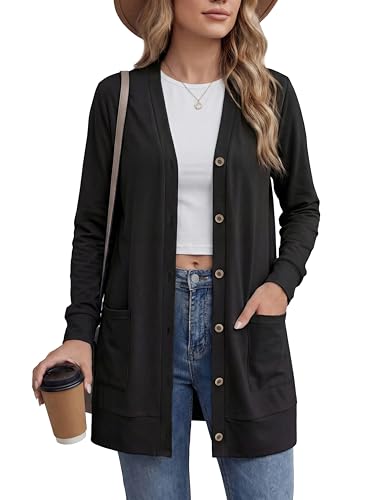 Image of GRECERELLE Womens Cardigan Lightweight Long Sleeve Button Down V Neck Boyfriend Casual Spring Summer Cardigan with Pockets Beach Cover Up Tops (Black, M)