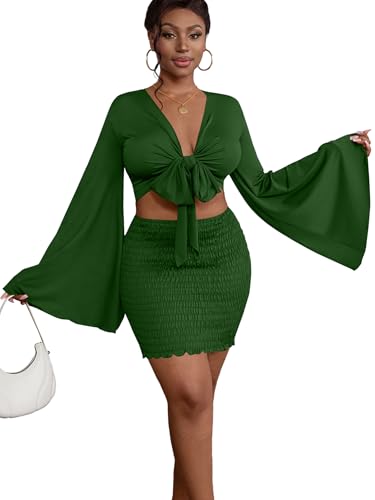 Image of LYANER Women 2 Piece Vacation Outfits Tie Knot Front Bell Long Sleeve Crop Top and Mini Skirt Summer Set
