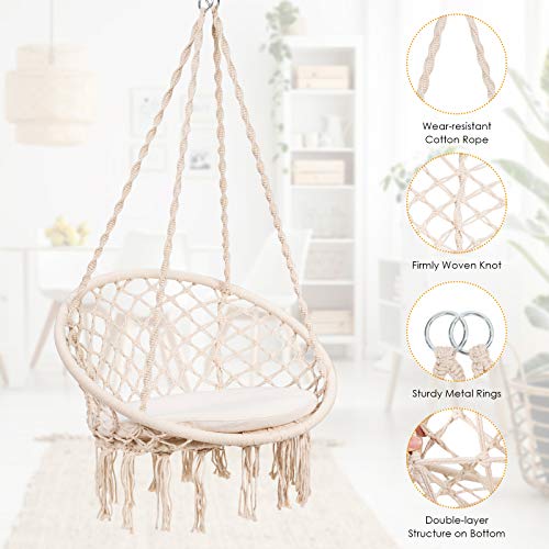 Giantex Macrame Hammock Chair, Swing Chair W/Soft Cushion, Hanging Hardware Kit & 9.5Ft Hammock Strap, Fringe Tassels, Cotton Rope Swing Chair 300Lbs Capacity, Macrame Tassels Hammock Swing (Beige) #TOP4
