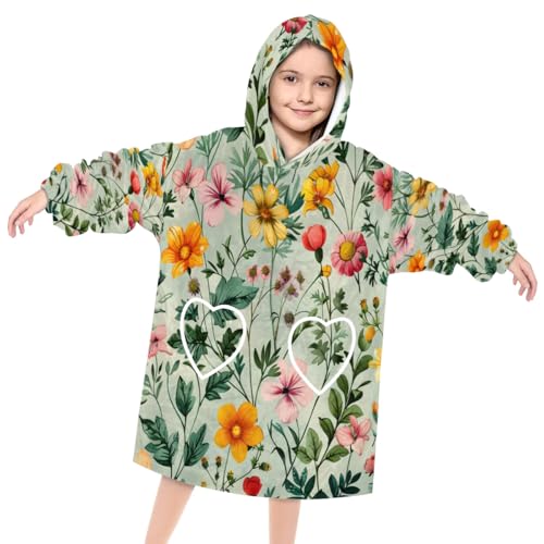 Wearable Blanket Hoodie for Kids, Cartoon Flowers Fleece Sweatshirt Blanket Oversized Blanket Sweatshirt with Pocket Flannel Warm Hooded Blanket 6-10 Year Old Girl Boy Gift, One Size