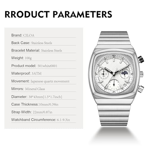 Image of CILOA Mens Watches Chronograph Stainless Steel Waterproof Date Analog Business Fashion Wristwatch for Men