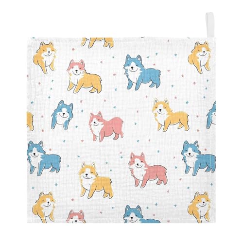 vvfelixl Baby Muslin Washcloths Kawaii Colorful Outline Husky Baby Burp Cloths Cotton Babys Face Towel for Newborn Infants Boys Girls Soft