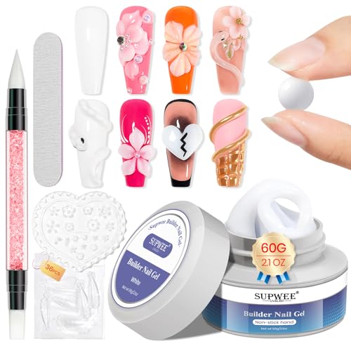 SUPWEE White 3D Sculpting Gel for Nails, 60g/2.1oz Builder Gel for Nail Art, No Stick Hand Hard Gel for Nail Extension, Nail Carving, 5D Patterns, Embossing Nail Decoration Soak Off UV LED