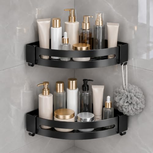 Image of Hallstatt Pack of 2, Self Adhesive Aluminum Corner Bathroom Shelf for Wall Shelf Organizer Bathrooms Shelves Rack Holder Stand for Bathroom Accessories Organiser Without Drill and with Drill Option