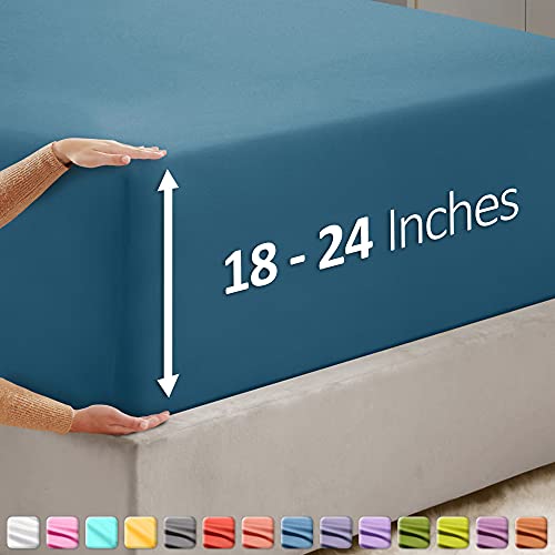 Image of Hearth & Harbor Extra Deep Pocket Full Fitted Sheet - Fits 18 to 24 Inch Mattress - Ultra Soft 1800 Microfiber, Wrinkle-Free & Breathable - Hotel Luxury Fitted Sheet Only, Blue Heaven