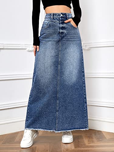 SweatyRocks Women's Casual Raw Hem High Waist Jean Skirt Long A Line Denim Skirts with Pocket3