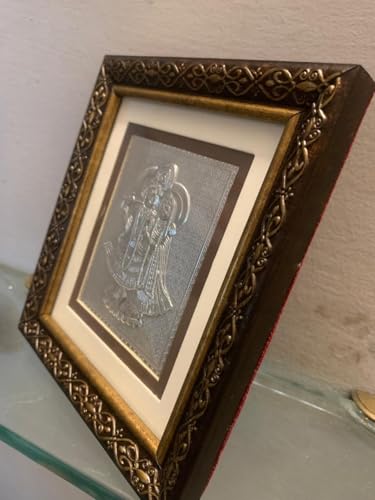 Image of 999 Silver Radha Krishna Wooden Photo Frame | Govind, Gopal, Kanhaiya Wall Hanging Divine Tasveer for Home Mandir, Puja, Office, Return Gift, Housewarming, Anniversary- 15x12x2 CM