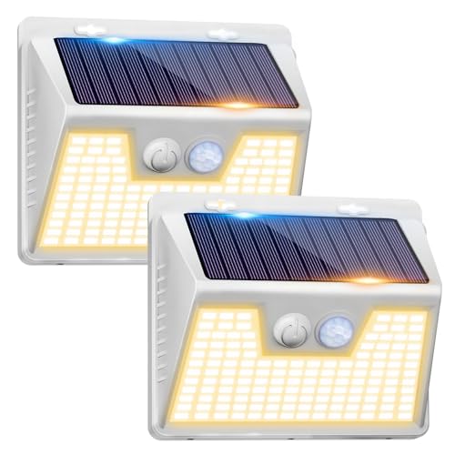 Peasur White Frame Solar Motion Sensor Lights Outdoor, 2 Packs 180LED Warm Solar Wall Lights Waterproof, 3 Modes Fence Security Lighting for Deck Yard Stairs Garden