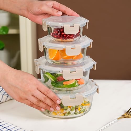 Image of Nestasia Nestro Airtight Glass Containers with Lid Set of 4 (215ml, 400ml, 600ml, 950ml) | Spill Proof Round Glass Containers with Break Free Lock - Microwave, Dishwasher & Freezer Safe (Beige)