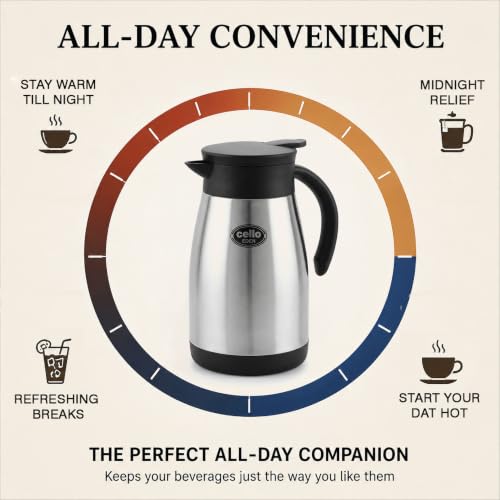 Image of CELLO Eden Stainless Steel Tea Coffee Carafe with Press and Pour Lid 800 ml, Silver | Wide Mouth Easy to Fill & Clean, Double Wall Vacuum Insulated Hot & Cold Flask Carafe For Kitchen, Travel & Office