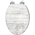 Elongated Toilet Seat White wood plank Resin Toilet Seat with Quietly Close Quick Release Hinges Decorative Toilet Seat with Cover Easy to Clean and Install Rustic Bathroom Decor