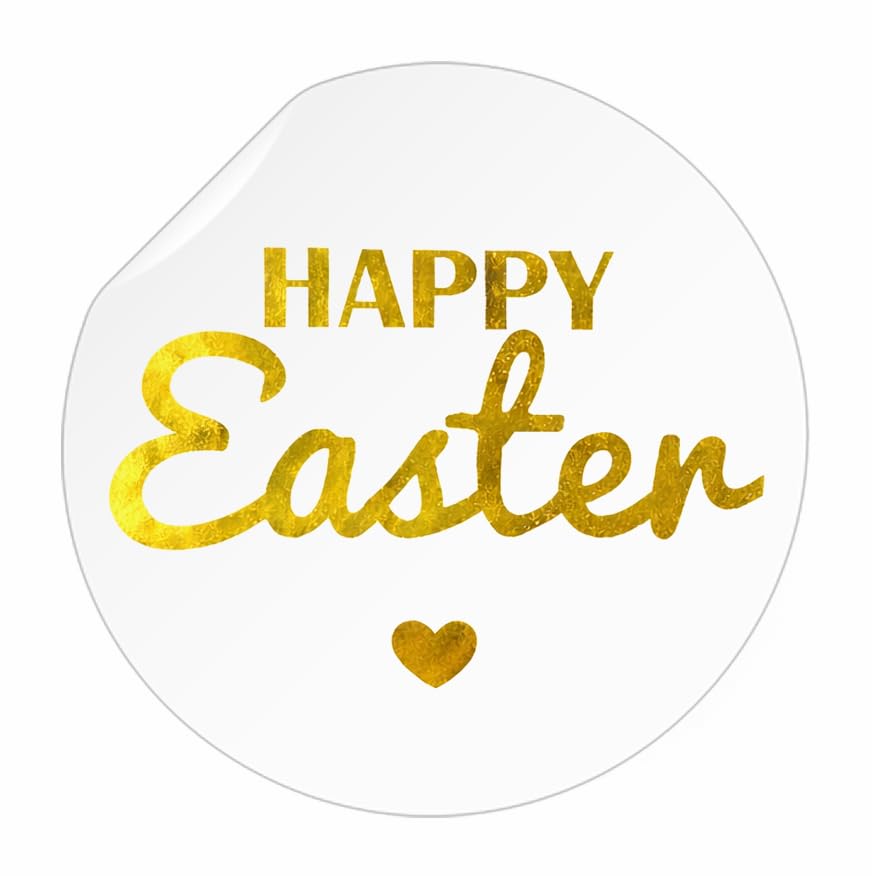 50 Pack 38mm Round White Labels – Shiny Gold Print “Happy Easter” Stickers for Gifts, Crafting & Party Bags
