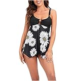 Daisy Printed Swimsuit for Women, Scoop Neck Strappy Tankini Ring Decored Pleated Two Pieces Swimwear Womens Summer Casual Swimsuit for Beach Pool Bathing Suit