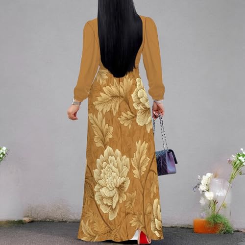 Image of Women's Plus Size Maxi Dresses Long Sleeves V Neck Floral Print Bohemian Swing Long Dress with Belt