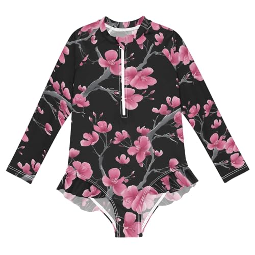 ALAZA Toddler Swimsuit Girl Bathing Suit Swimwear Rash Guard Plum Blossom Pink Long Sleeve 3T