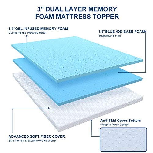Maxzzz 3 Inch Memory Foam Mattress Topper Queen Gel-Infused Memory Foam Bed Mattress Topper High Density Cooling Mattress Pad With Removable Soft Cover For Back Pain, Pressure Relief #TOP2