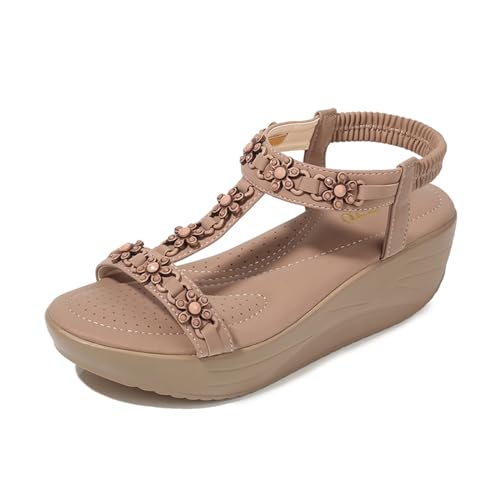 Sandales à talon compensé moyen et perles en T pour femme