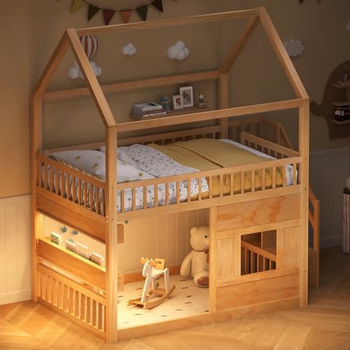 Image of Bellemave Bunk beds Full Over Full with Storage Stairs,Two Placement Methods,House bunk Bed, Pink