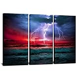 3 Piece Nature Lightning Strikes Canvas Print Wall Art Ocean Storm Wave Pictures Paiting Artwork Seascape Home Decor Stretched for Home Living Room Office Wall Decoration 16'x32'x3PCS