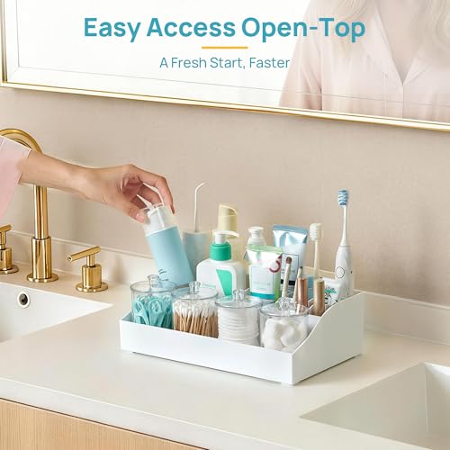 Image of Vtopmart 5 PCS Bathroom Countertop Organizer, 1 Divided Tray with 4 Qtip Holder Jars, Restroom Clear Organizers for Toothbrush, Cotton Pads Balls, Floss, Bathroom Vanity Accessories Storage Set, White