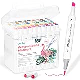Ohuhu Markers for Adult Coloring Books No Bleeding 60 Colors Water-based Dual Tips Brush & Fine Coloring Markers for Kids Adults Beginners Drawing Pens for Journaling Lettering (Brush & Chisel)