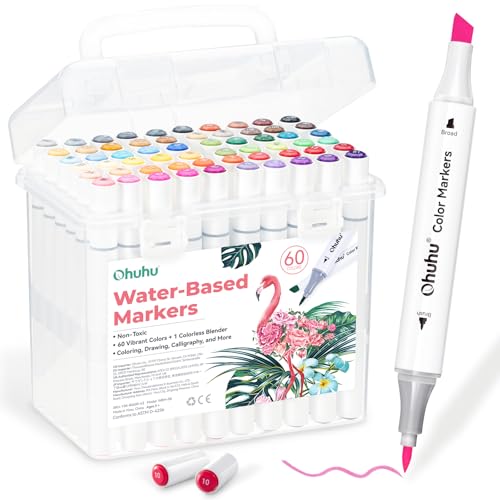 Ohuhu Markers for Adult Coloring Books No Bleeding 60 Colors Water-based Dual Tips Brush & Fine Coloring Markers for Kids Adults Beginners Drawing Pens for Journaling Lettering (Brush & Chis