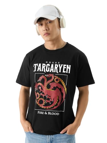Image of The Souled Store Official House of The Dragon: Fire and Blood Men and Boys Black Graphic Print Short Sleeve Round Neck Relaxed Fit T-Shirts Men's Loose Fit T-Shirts Relaxed Comfort Roomy Tees Casual