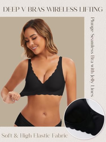 Image of Seamless Wavy Bra Wireless Jelly Bralette Low Cut Deep V Neck Bras | Adjustable Straps, Sexy Plunge Bra, Removable Pads, High Elastic Fabric, Scalloped Edges, Deep V Bras for Women No Underwire