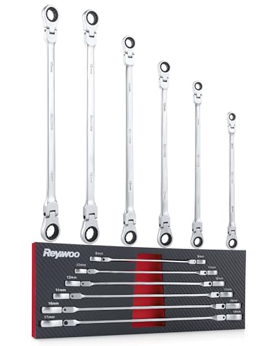 Reywoo 6 Pcs 8-19 mm Extra Long Ratcheting Wrench Set, 6-Piece Flex Head Ratcheting Wrench Kit, Metric Double Box End Wrench with 72-Teeth & 12 Point