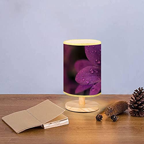 Vbijscdh Linen Fabric Shade Wood Base Table Lamp Rain Drops On Purple Flower Dimmable Bedside Table Lamp Solid Wooden Simple Lamp For Bedroom Living Room Office Study #TOP4