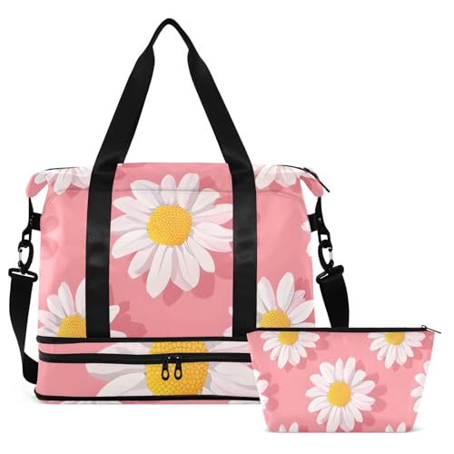 ALAZA Sports Duffel Bags with Toiletry Bag Set,Pink Daisy Travel Duffel Bags Multi Pockets Weekend Bag