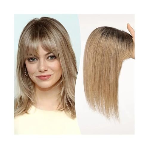 Postizo de cabello humano de 12 pulgadas con flequillo, base de encaje de 10 × 12 cm, liso Wiglets(Light Brown)